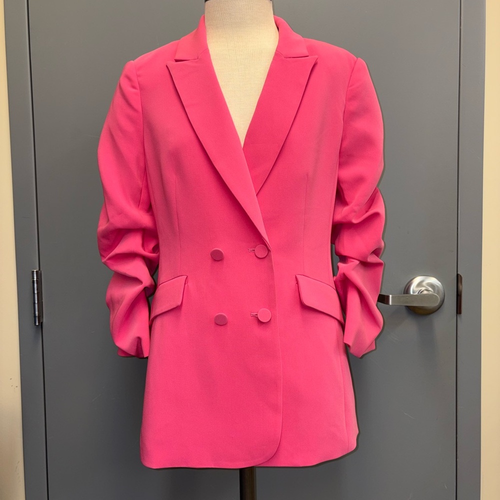 cinq a sept Vibrant Hot Pink Double-Breasted Blazer size 6 ruched sleeves